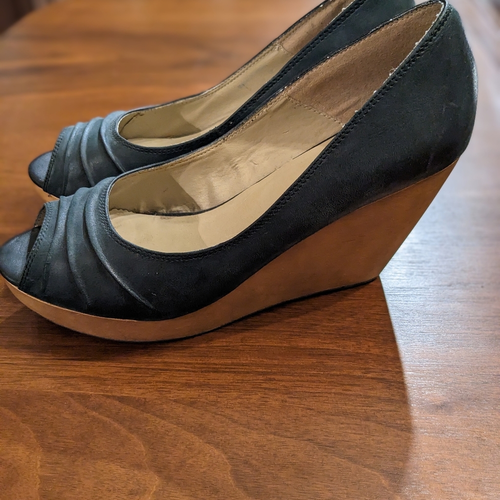 Aldo Leather & Wooden Wedge Peep Toe Heels
